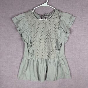 Gap Womens XS Sage Green Eyelet Lace Ruffle Peplum Top Tie Back Cotton Blouse